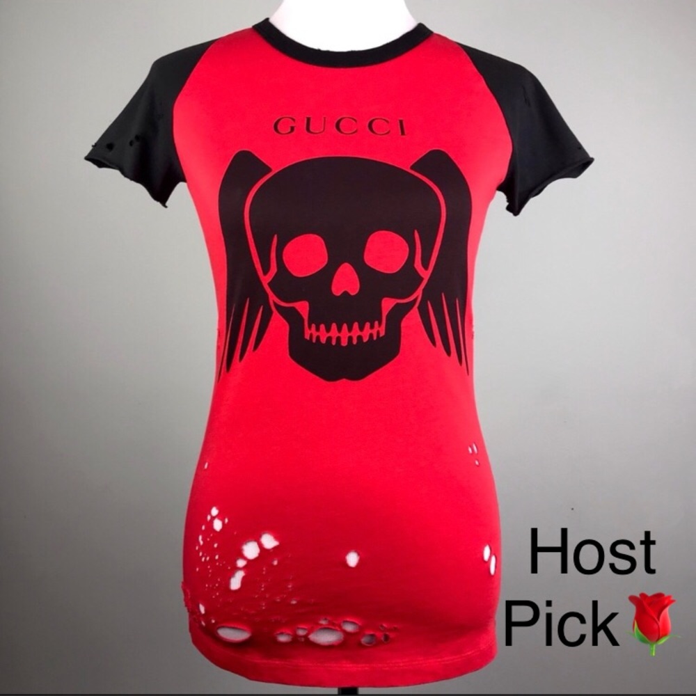 Gucci Red Skull Baseball T Shirt Size XS Vampire Gothic Distressed Demon Punk